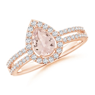 7x5mm AA Pear Morganite and Diamond Halo Split Shank Ring in Rose Gold