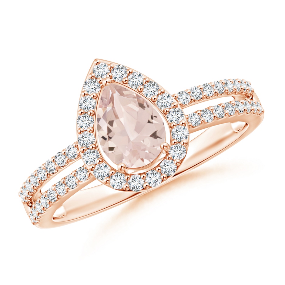 7x5mm AA Pear Morganite and Diamond Halo Split Shank Ring in Rose Gold 