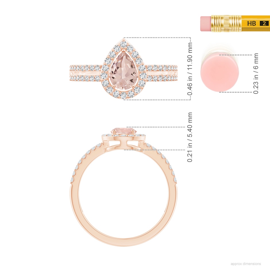 7x5mm AA Pear Morganite and Diamond Halo Split Shank Ring in Rose Gold ruler