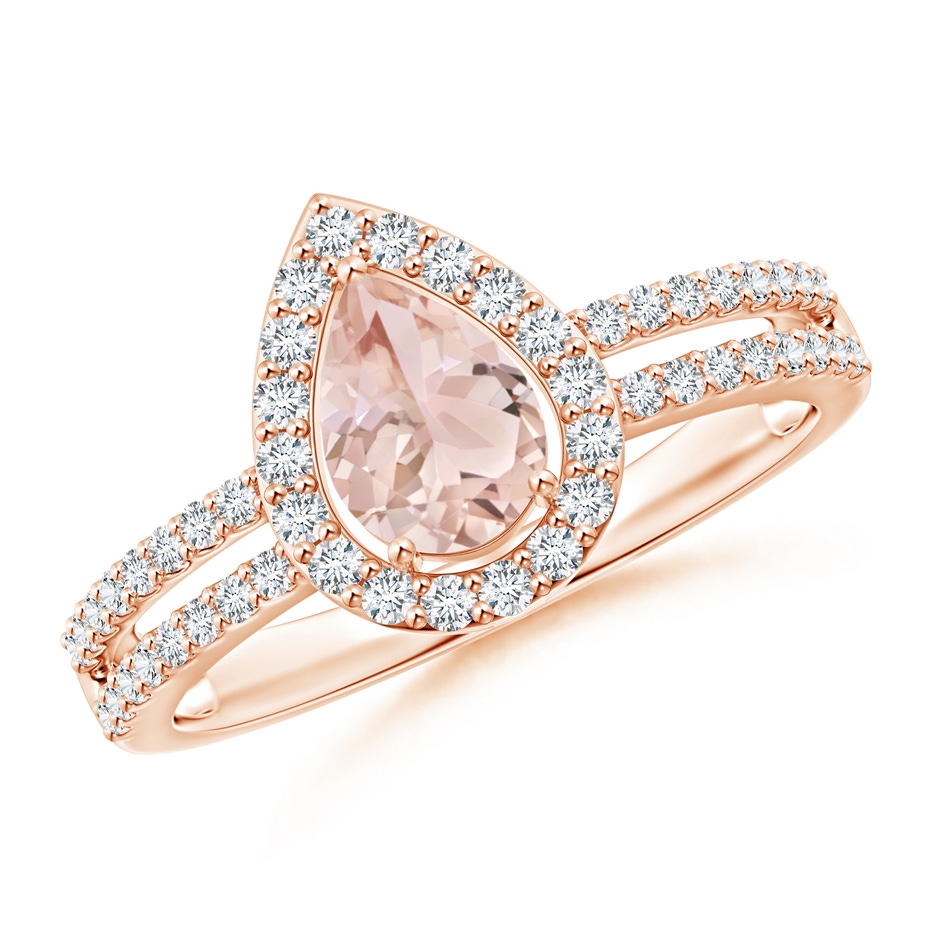 7x5mm AAA Pear Morganite and Diamond Halo Split Shank Ring in Rose Gold 