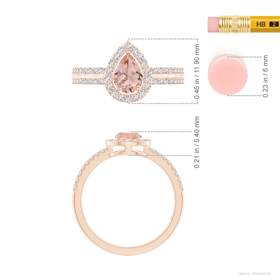 7x5mm AAA Pear Morganite and Diamond Halo Split Shank Ring in Rose Gold ruler