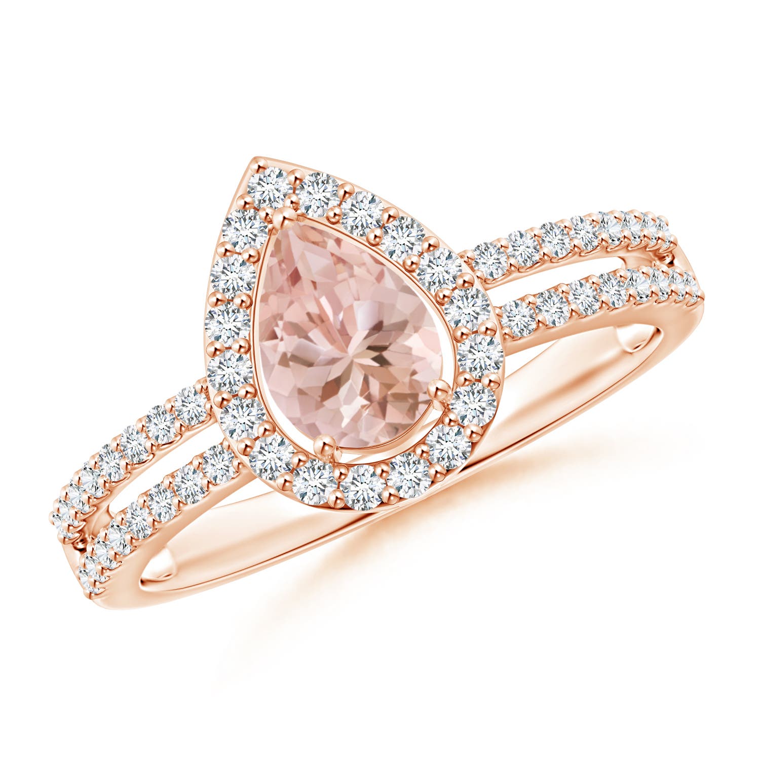 7x5mm AAAA Pear Morganite and Diamond Halo Split Shank Ring in 18K Rose Gold