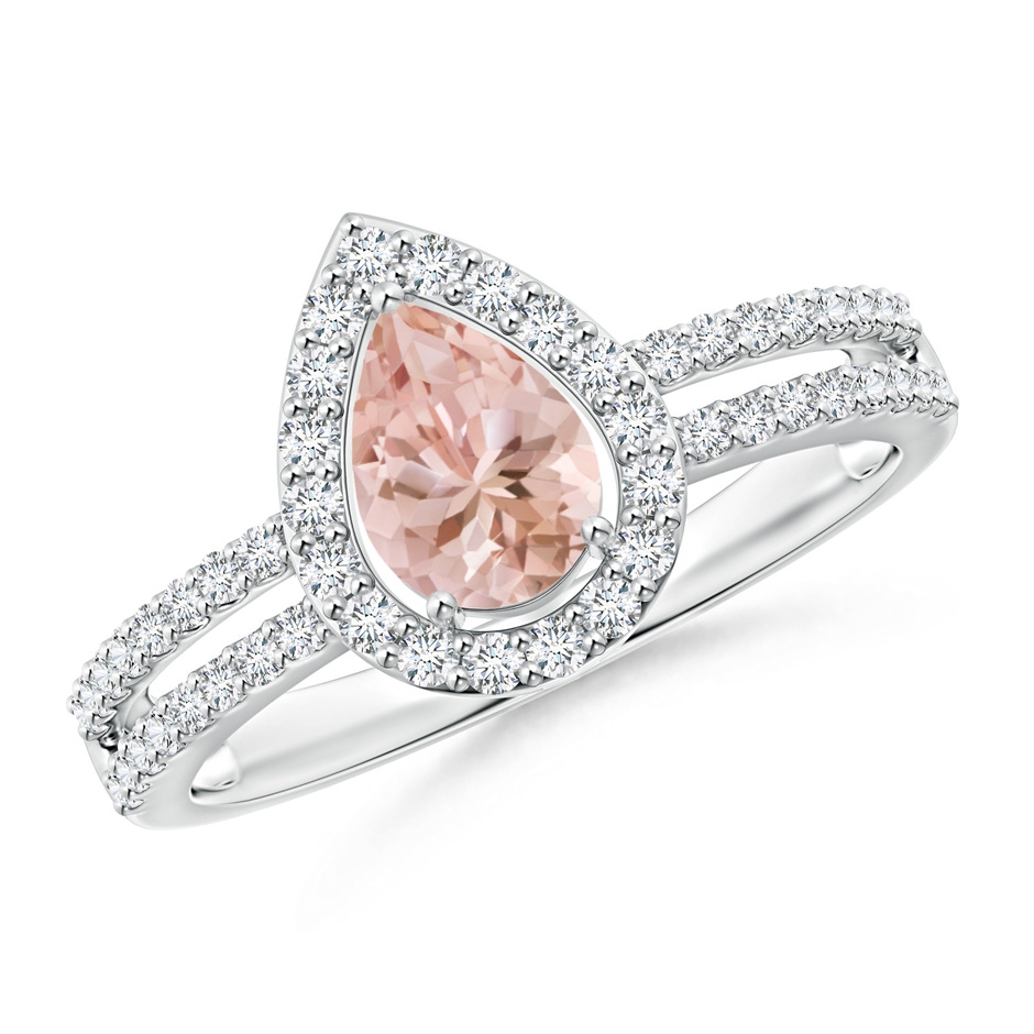 7x5mm AAAA Pear Morganite and Diamond Halo Split Shank Ring in White Gold 