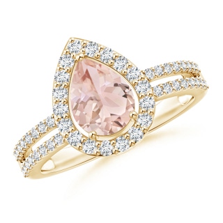 8x6mm AAA Pear Morganite and Diamond Halo Split Shank Ring in Yellow Gold