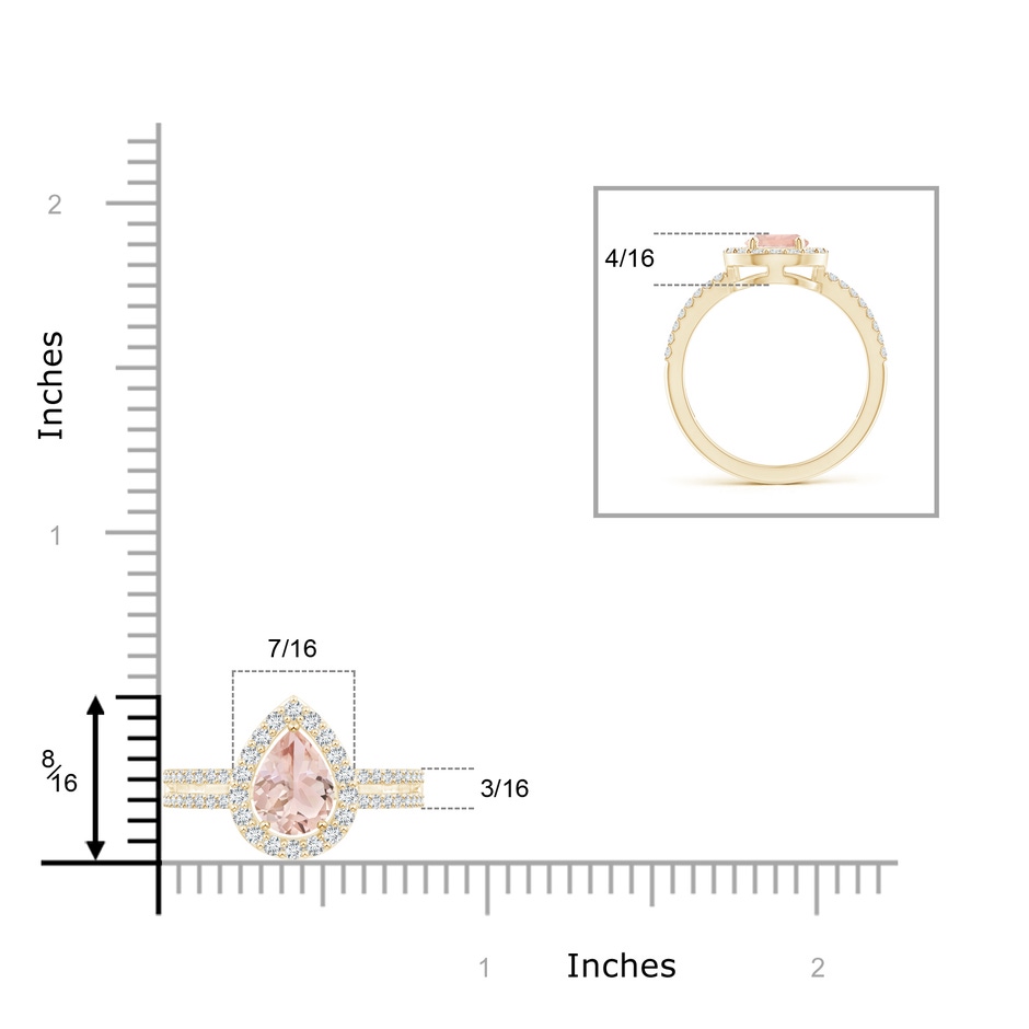 8x6mm AAA Pear Morganite and Diamond Halo Split Shank Ring in Yellow Gold ruler