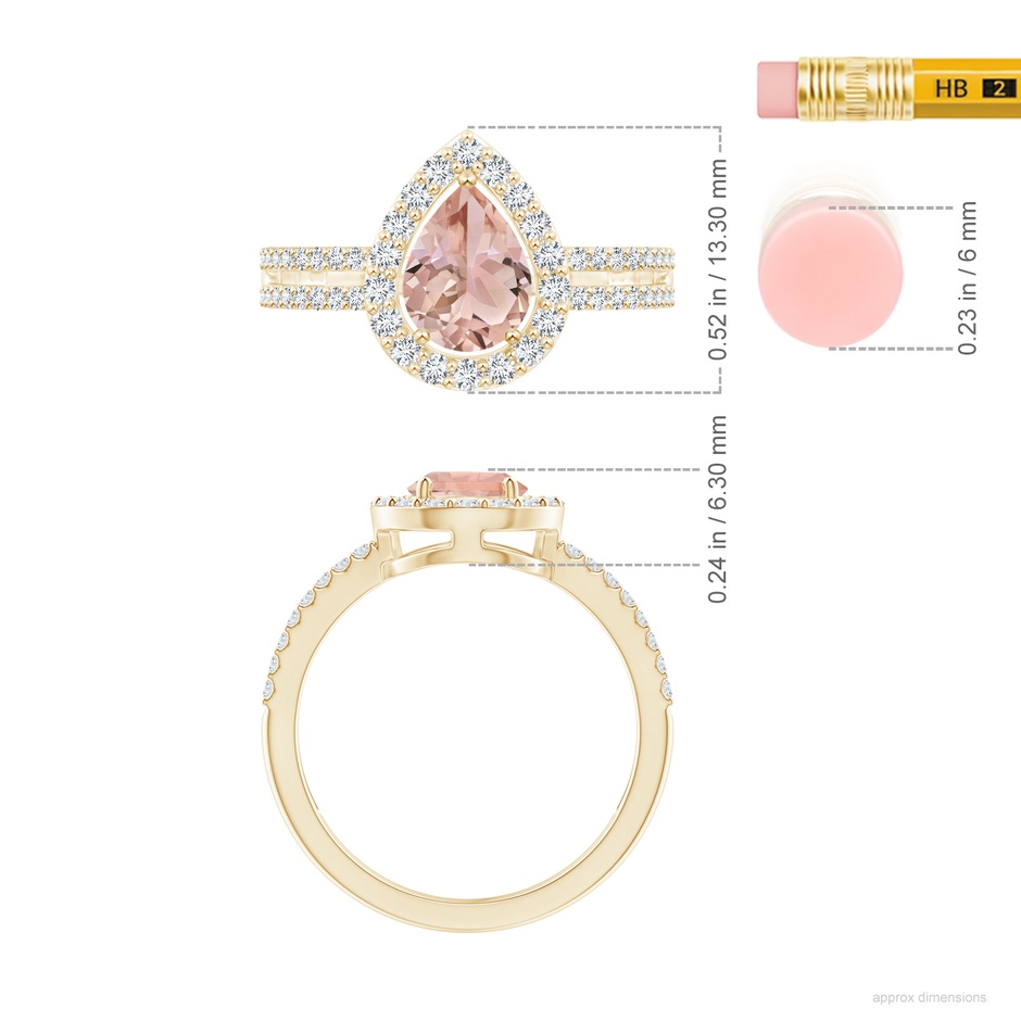 8x6mm AAA Pear Morganite and Diamond Halo Split Shank Ring in Yellow Gold ruler