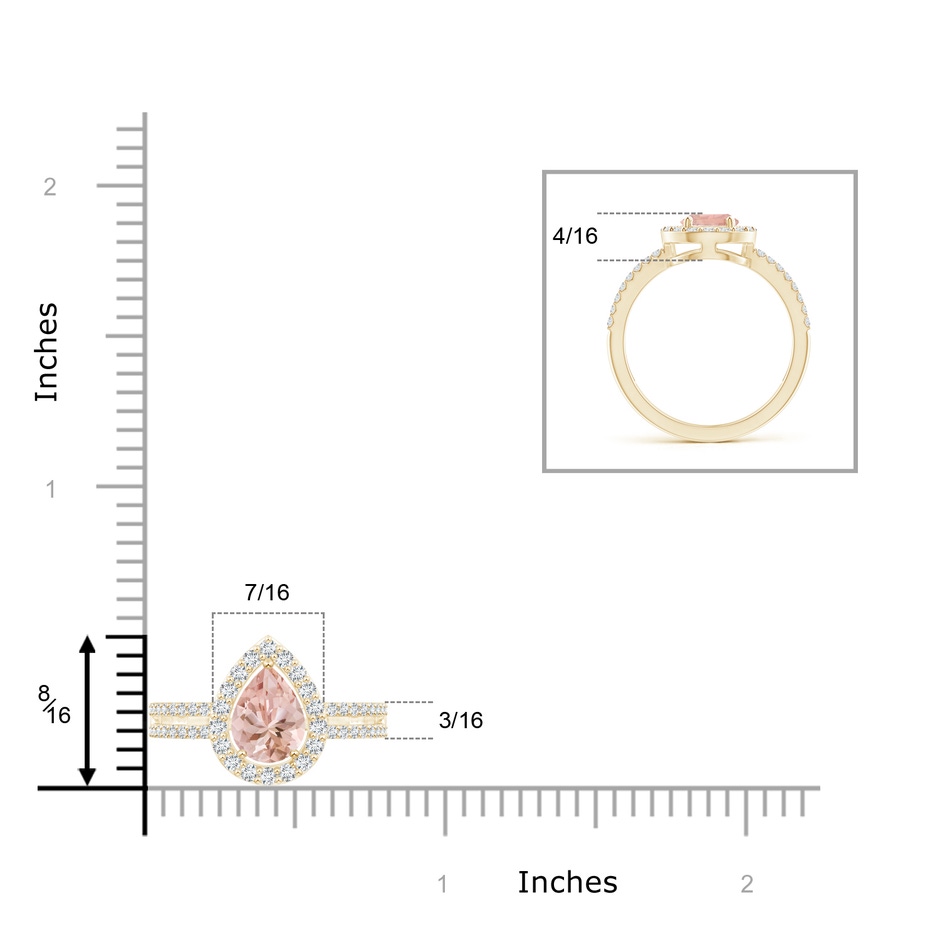 8x6mm AAAA Pear Morganite and Diamond Halo Split Shank Ring in Yellow Gold ruler