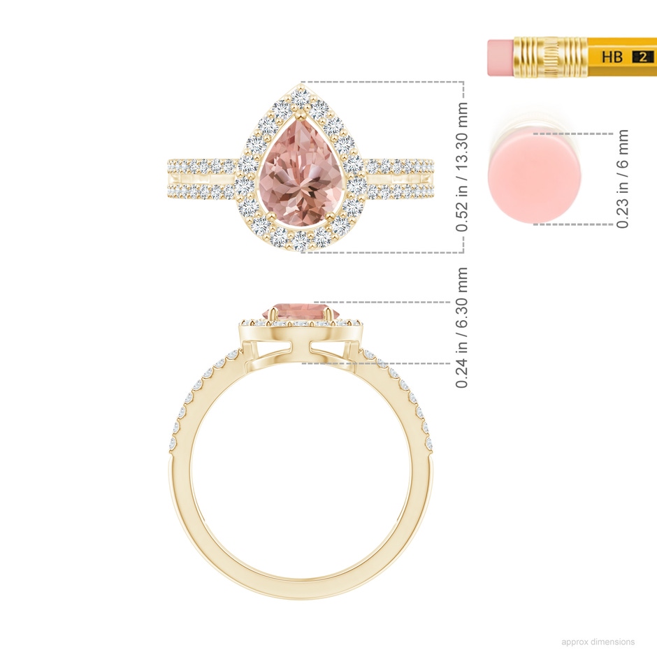 8x6mm AAAA Pear Morganite and Diamond Halo Split Shank Ring in Yellow Gold ruler