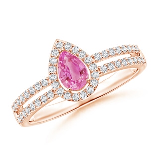 6x4mm AA Pear Pink Sapphire and Diamond Halo Split Shank Ring in 9K Rose Gold