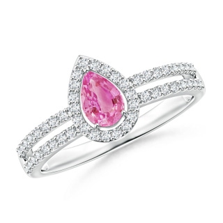 6x4mm AA Pear Pink Sapphire and Diamond Halo Split Shank Ring in White Gold