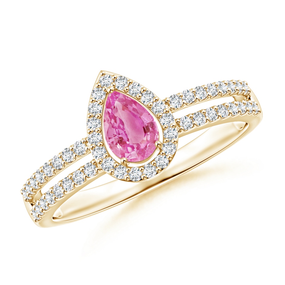 6x4mm AA Pear Pink Sapphire and Diamond Halo Split Shank Ring in Yellow Gold 