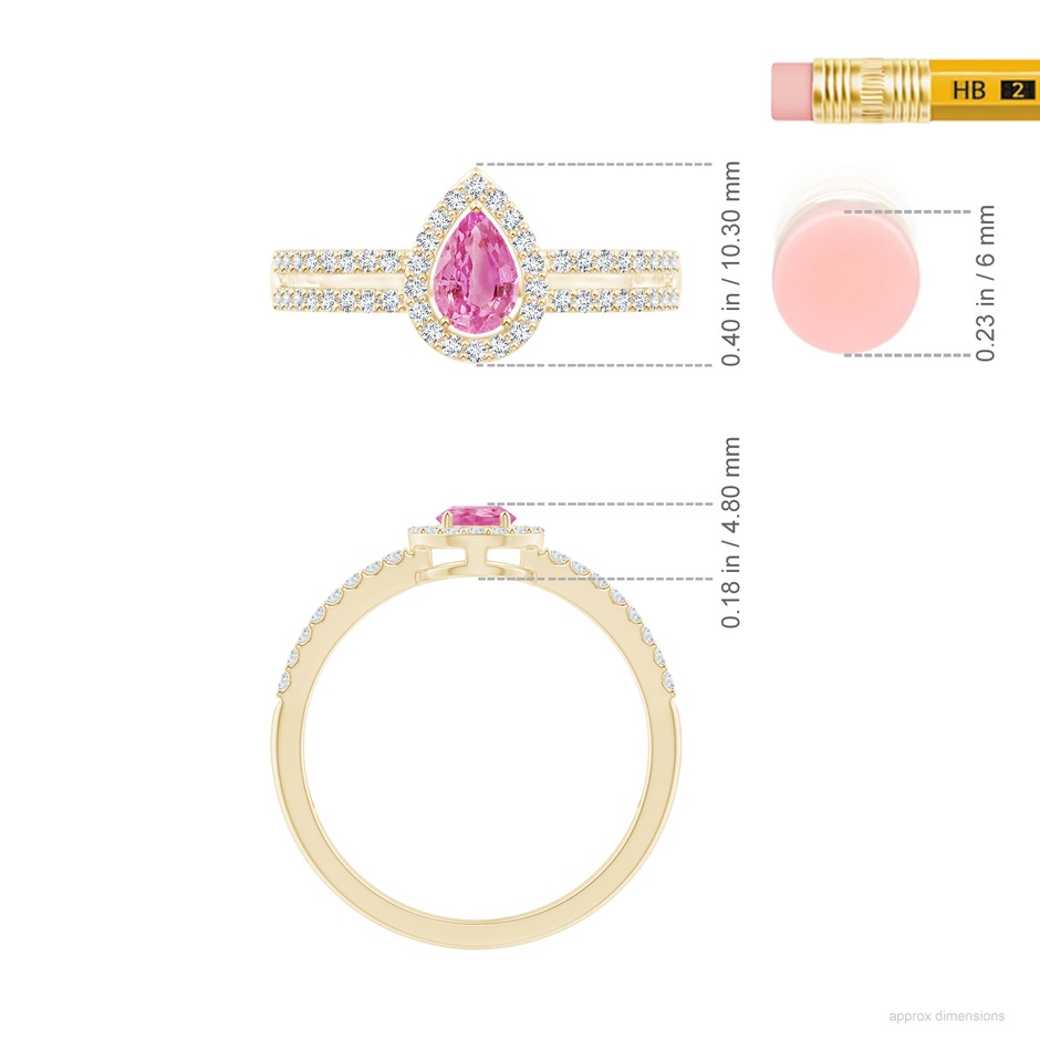 6x4mm AA Pear Pink Sapphire and Diamond Halo Split Shank Ring in Yellow Gold ruler