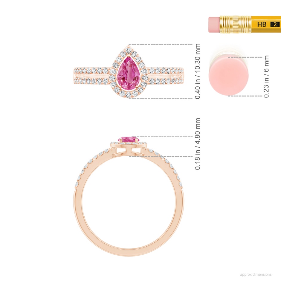 6x4mm AAA Pear Pink Sapphire and Diamond Halo Split Shank Ring in Rose Gold ruler