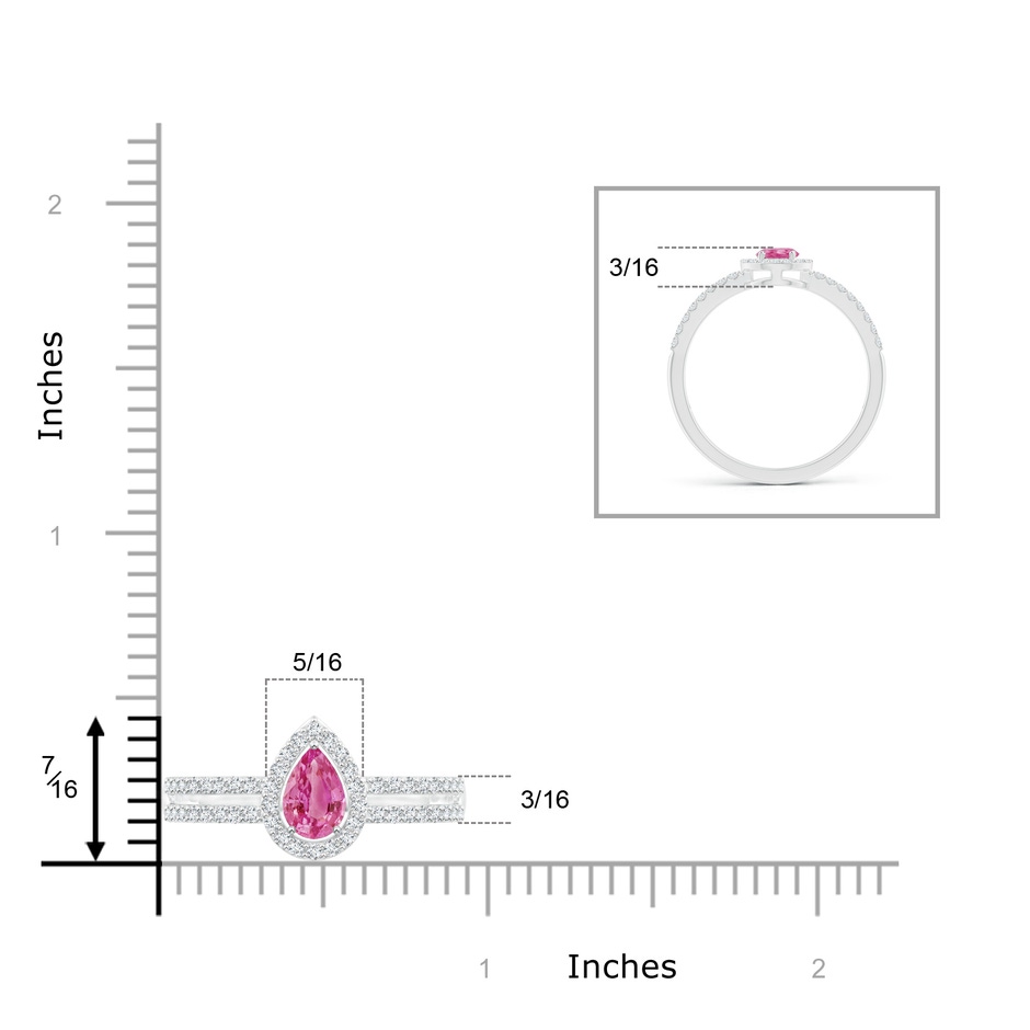 6x4mm AAA Pear Pink Sapphire and Diamond Halo Split Shank Ring in White Gold ruler