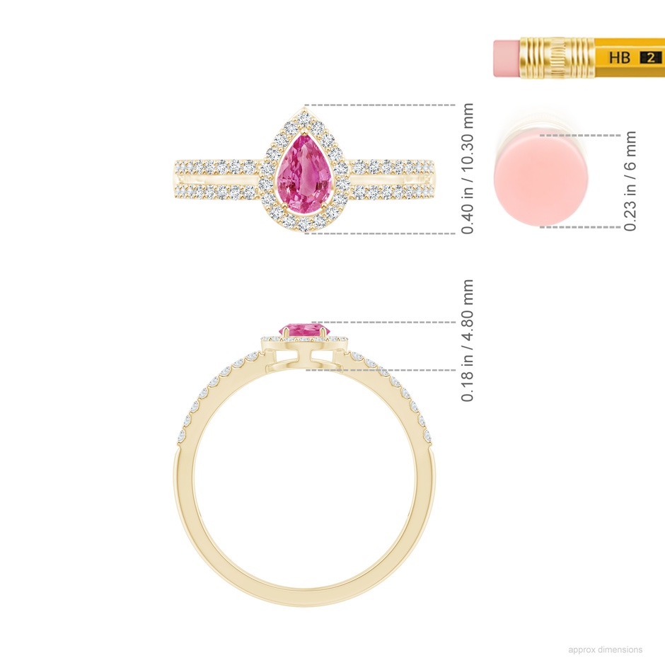 6x4mm AAA Pear Pink Sapphire and Diamond Halo Split Shank Ring in Yellow Gold ruler