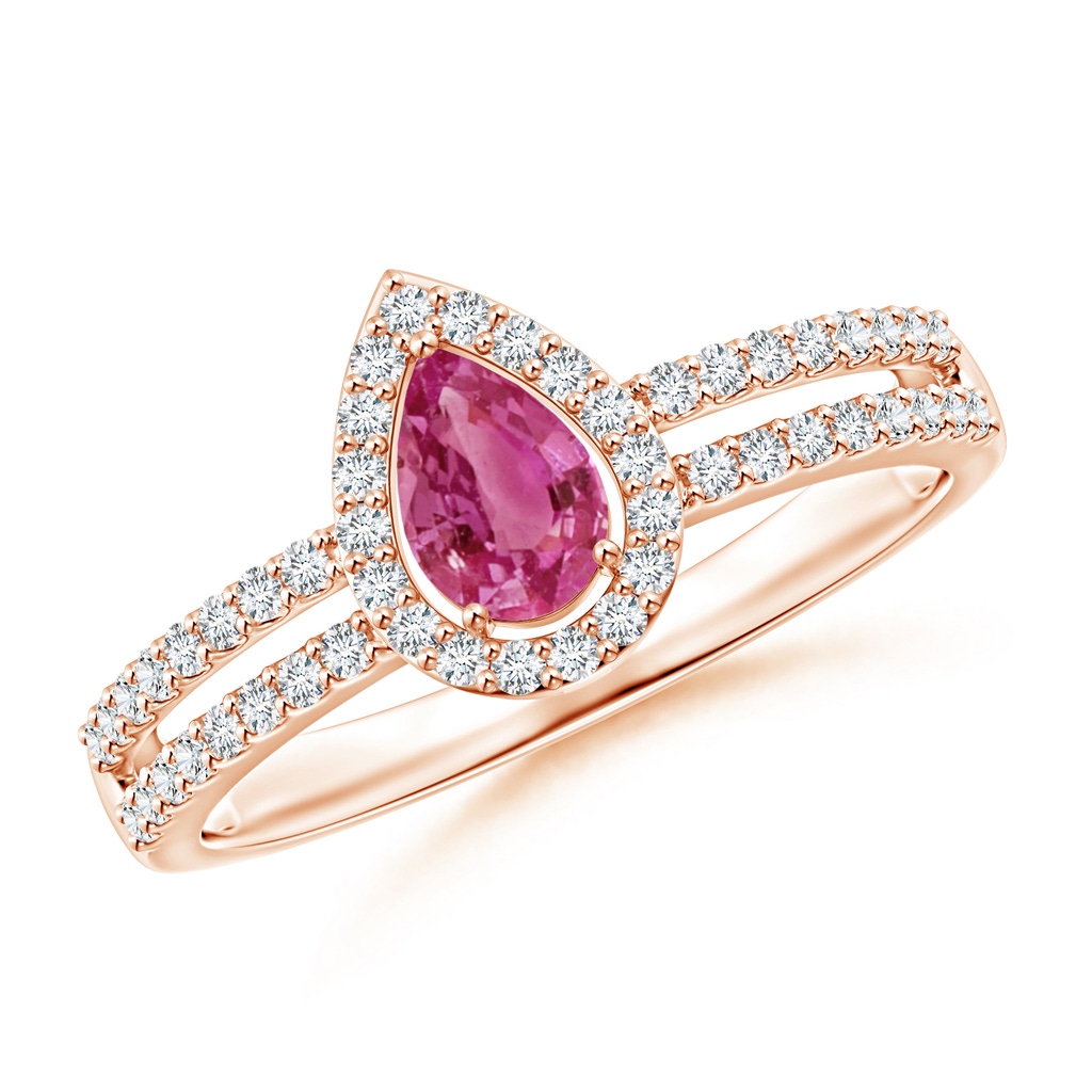 6x4mm AAAA Pear Pink Sapphire and Diamond Halo Split Shank Ring in Rose Gold