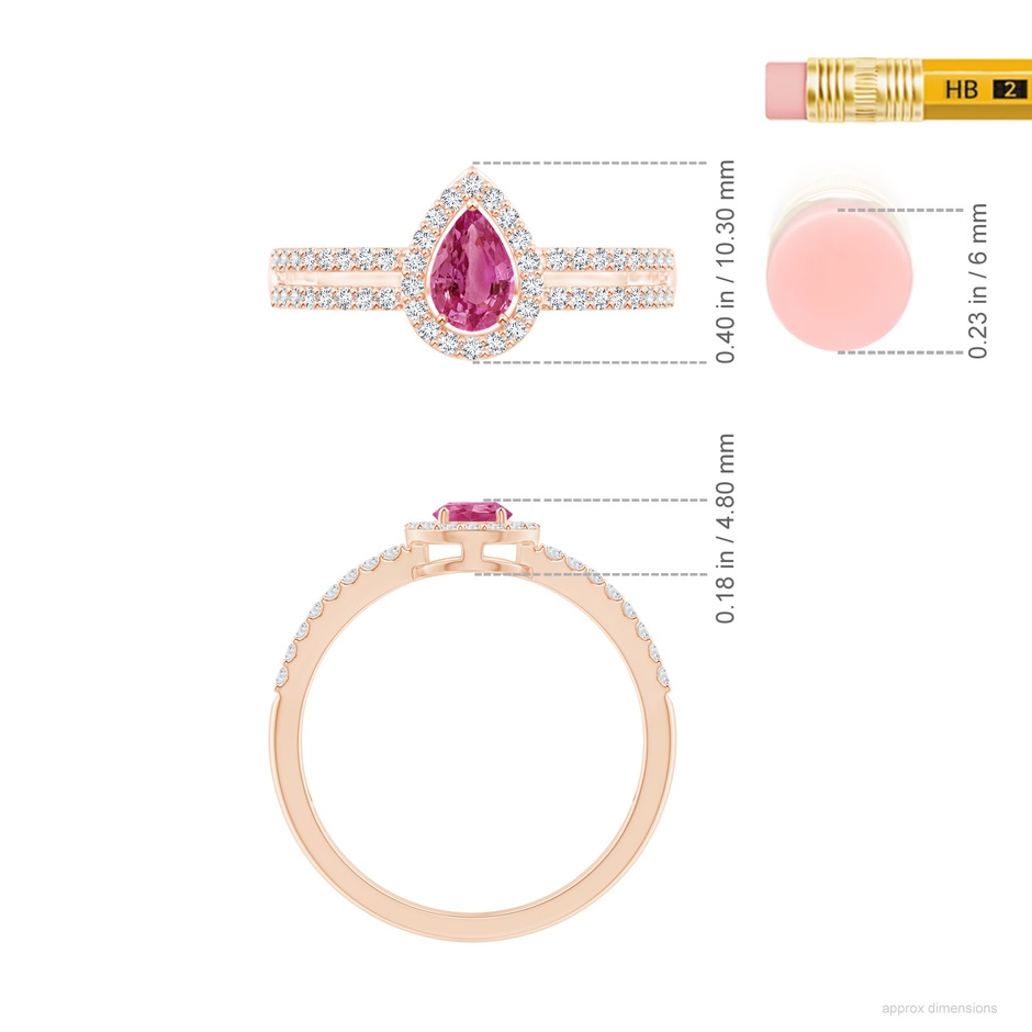 6x4mm AAAA Pear Pink Sapphire and Diamond Halo Split Shank Ring in Rose Gold ruler