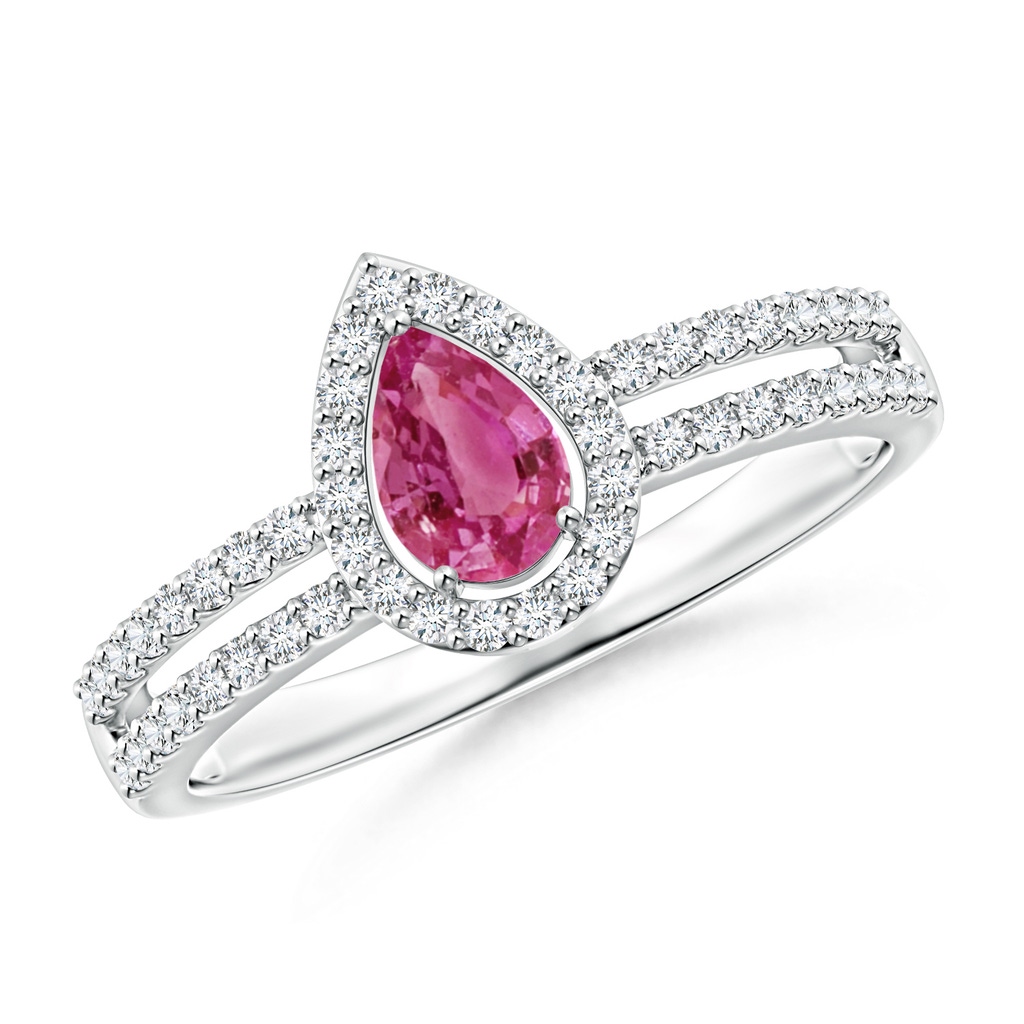 6x4mm AAAA Pear Pink Sapphire and Diamond Halo Split Shank Ring in White Gold
