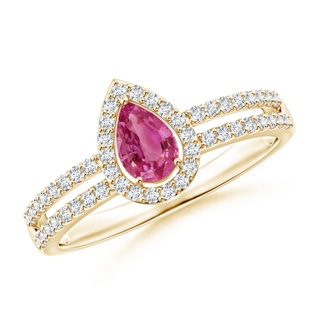 6x4mm AAAA Pear Pink Sapphire and Diamond Halo Split Shank Ring in Yellow Gold