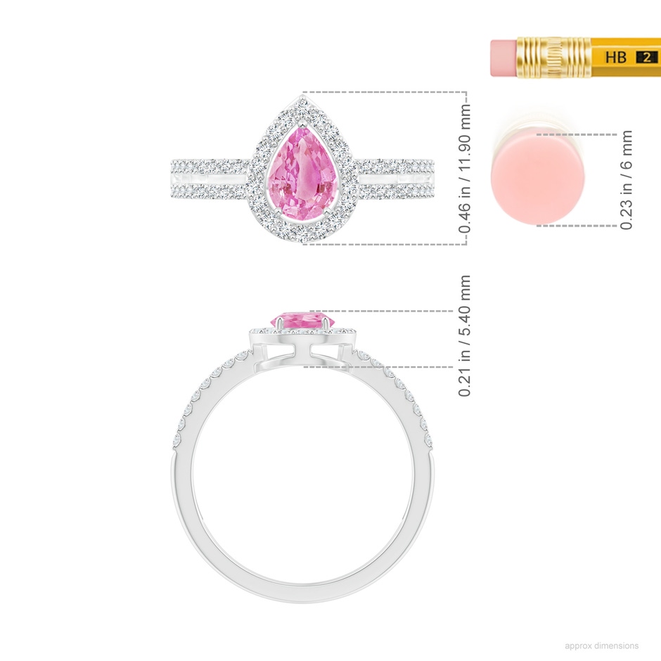 7x5mm A Pear Pink Sapphire and Diamond Halo Split Shank Ring in P950 Platinum ruler