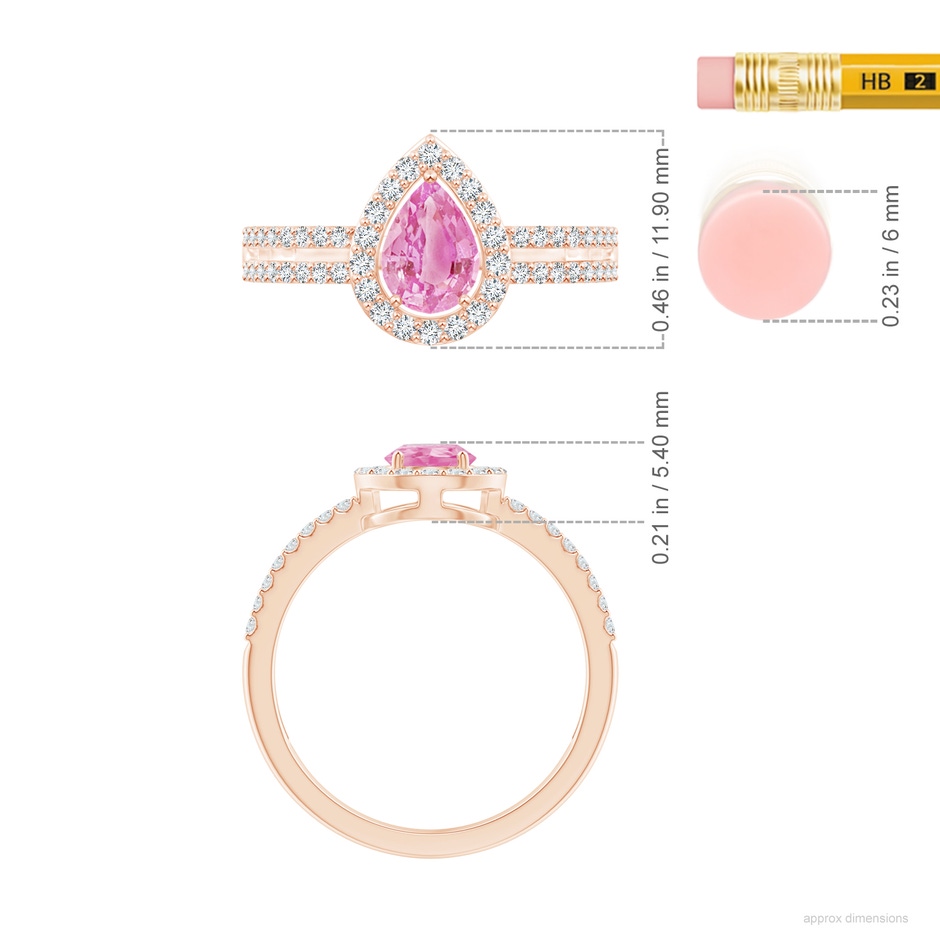 7x5mm A Pear Pink Sapphire and Diamond Halo Split Shank Ring in Rose Gold ruler