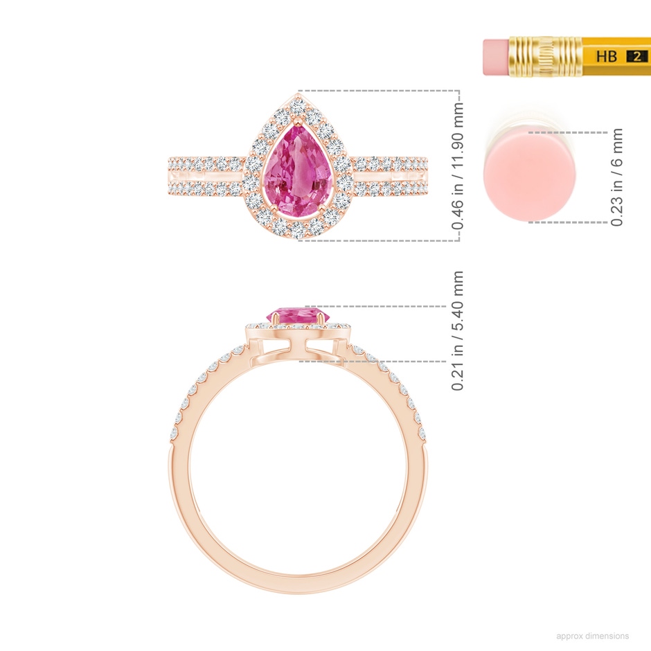7x5mm AAA Pear Pink Sapphire and Diamond Halo Split Shank Ring in Rose Gold ruler