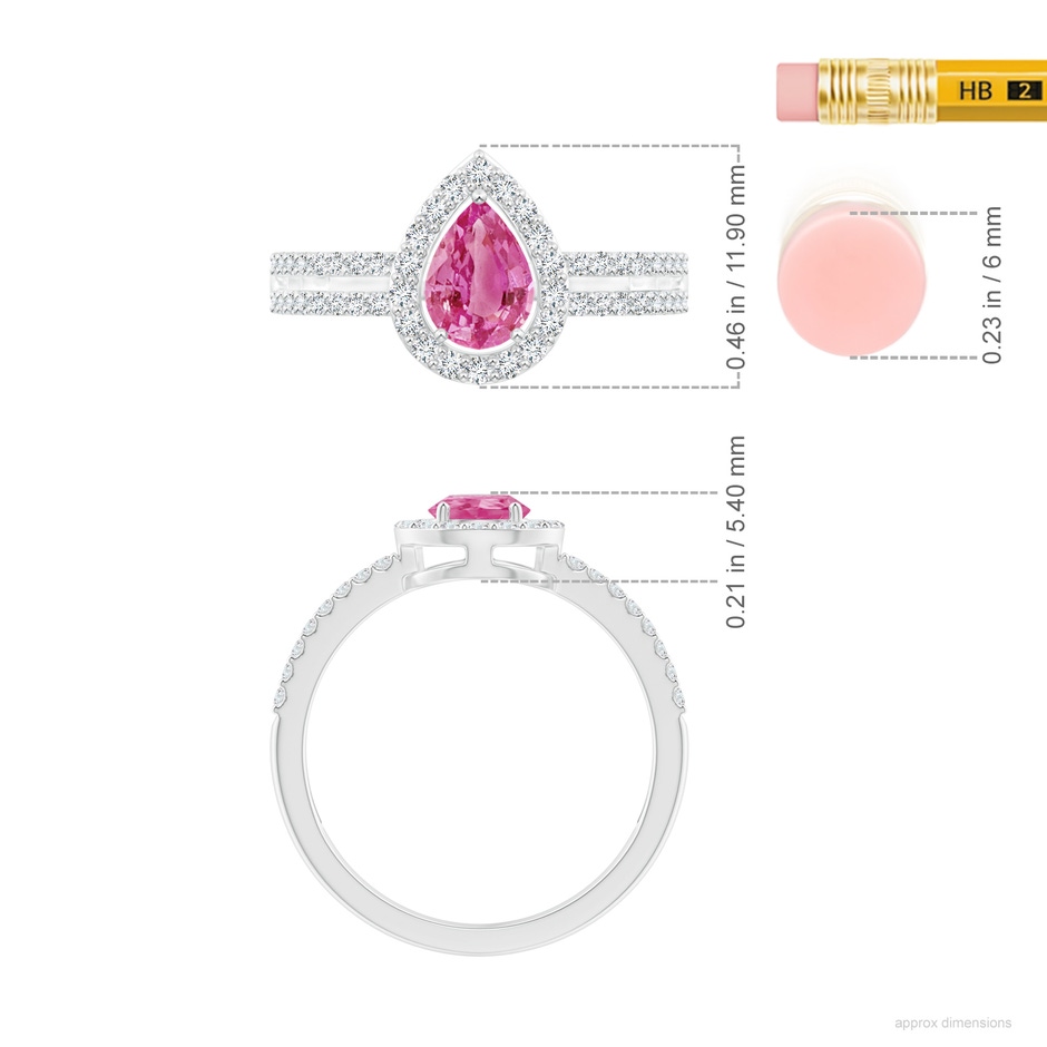 7x5mm AAA Pear Pink Sapphire and Diamond Halo Split Shank Ring in White Gold ruler