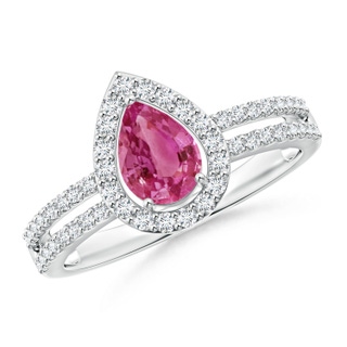 7x5mm AAAA Pear Pink Sapphire and Diamond Halo Split Shank Ring in P950 Platinum