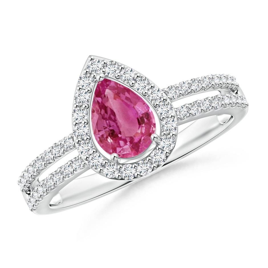 7x5mm AAAA Pear Pink Sapphire and Diamond Halo Split Shank Ring in P950 Platinum 