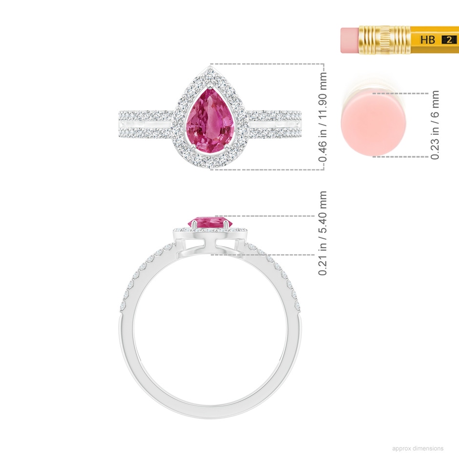 7x5mm AAAA Pear Pink Sapphire and Diamond Halo Split Shank Ring in P950 Platinum ruler