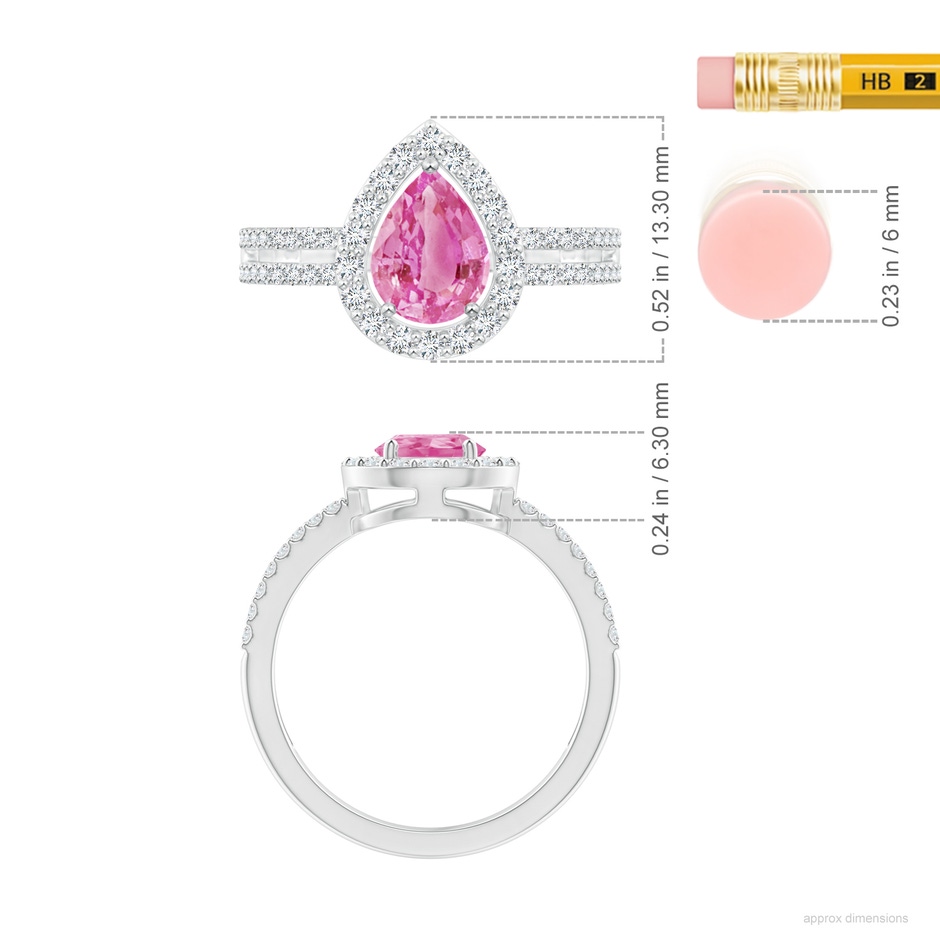8x6mm AA Pear Pink Sapphire and Diamond Halo Split Shank Ring in 18K White Gold ruler