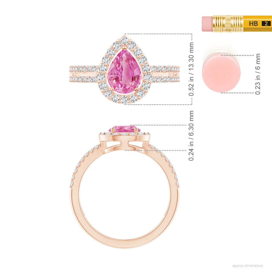 8x6mm AA Pear Pink Sapphire and Diamond Halo Split Shank Ring in Rose Gold ruler