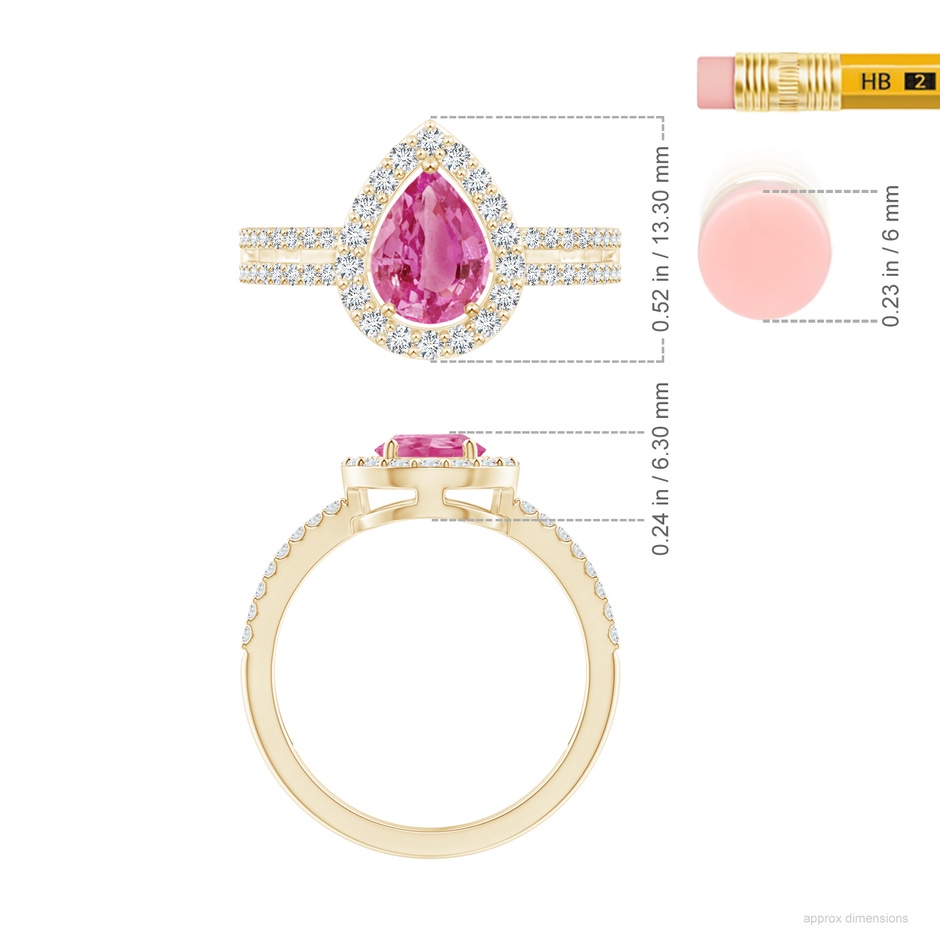 8x6mm AAA Pear Pink Sapphire and Diamond Halo Split Shank Ring in 18K Yellow Gold ruler