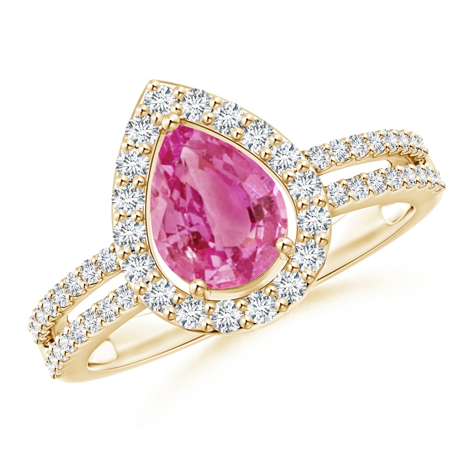 8x6mm AAA Pear Pink Sapphire and Diamond Halo Split Shank Ring in Yellow Gold 