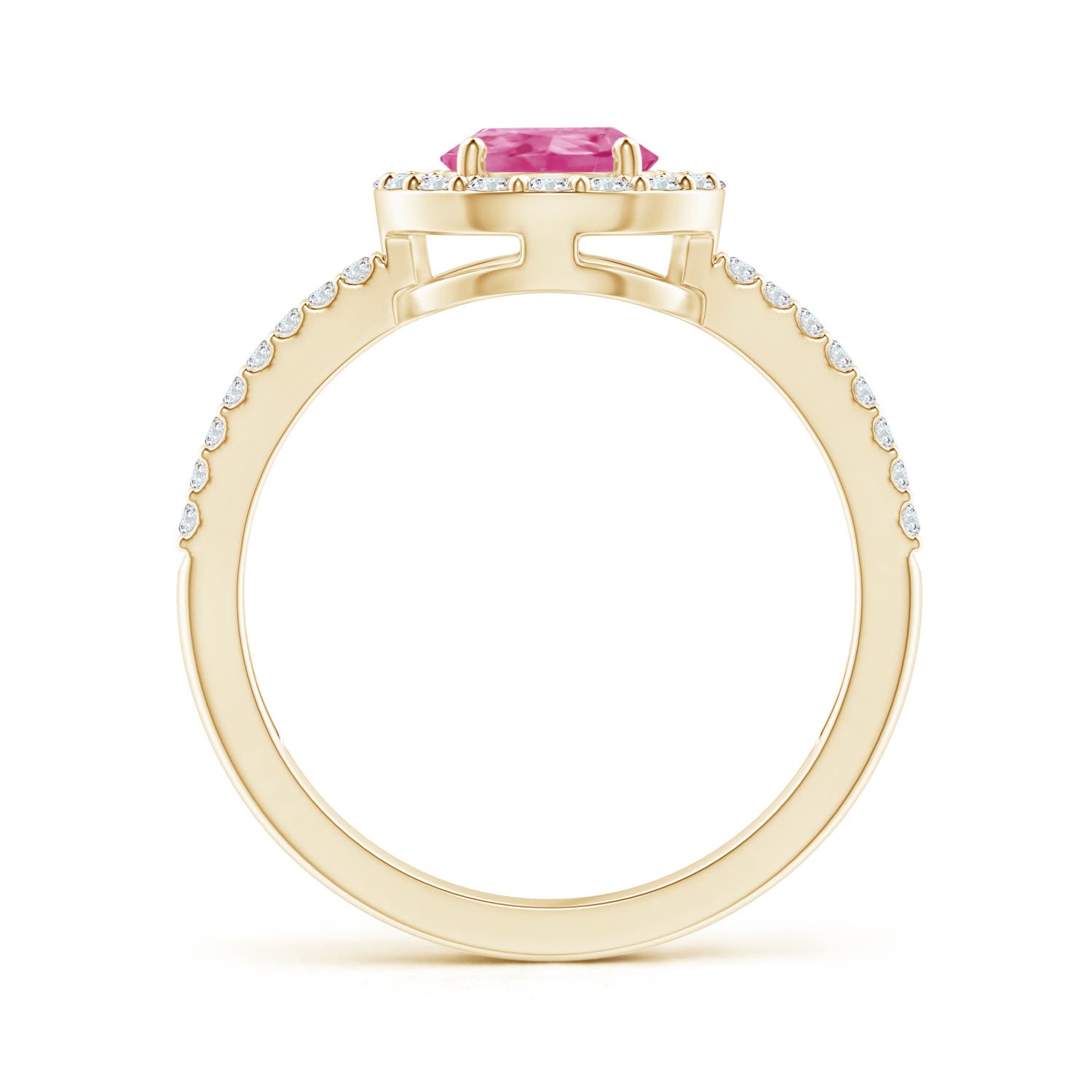 8x6mm AAA Pear Pink Sapphire and Diamond Halo Split Shank Ring in Yellow Gold - side 2