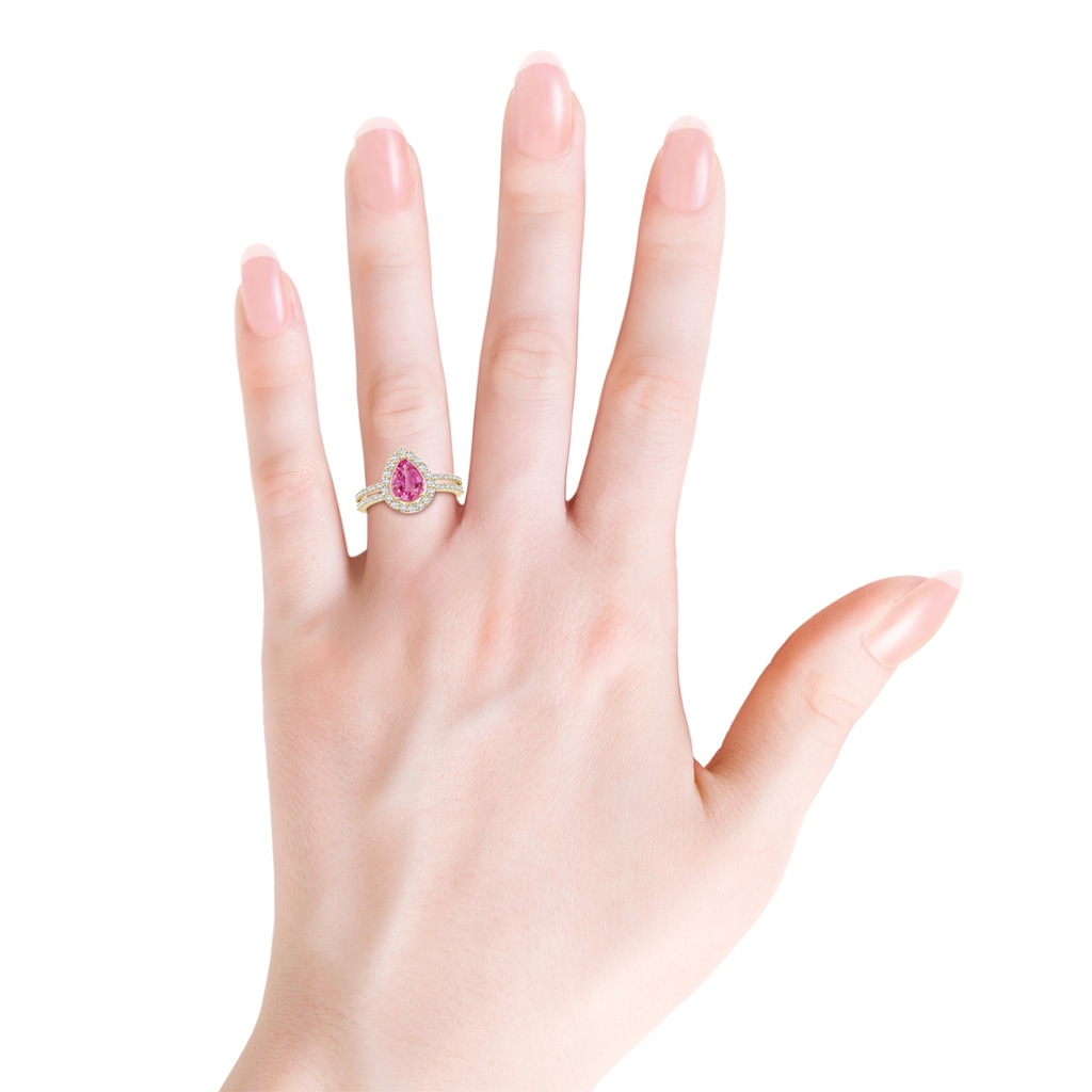 8x6mm AAA Pear Pink Sapphire and Diamond Halo Split Shank Ring in Yellow Gold Body-Hand