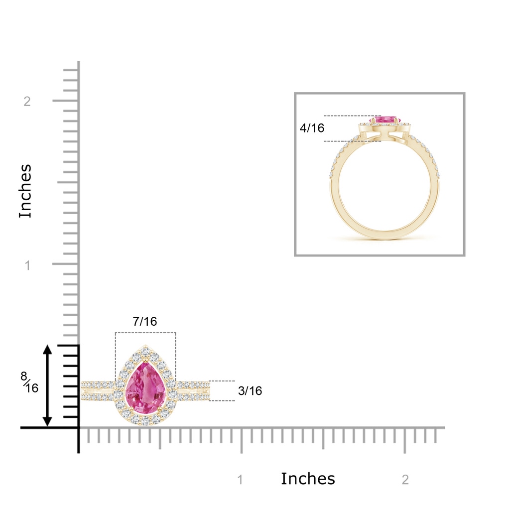 8x6mm AAA Pear Pink Sapphire and Diamond Halo Split Shank Ring in Yellow Gold Ruler