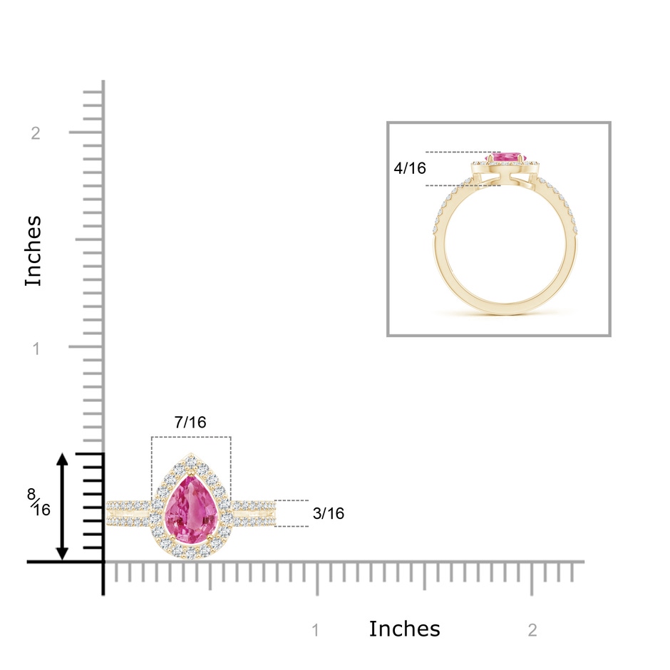 8x6mm AAA Pear Pink Sapphire and Diamond Halo Split Shank Ring in Yellow Gold ruler