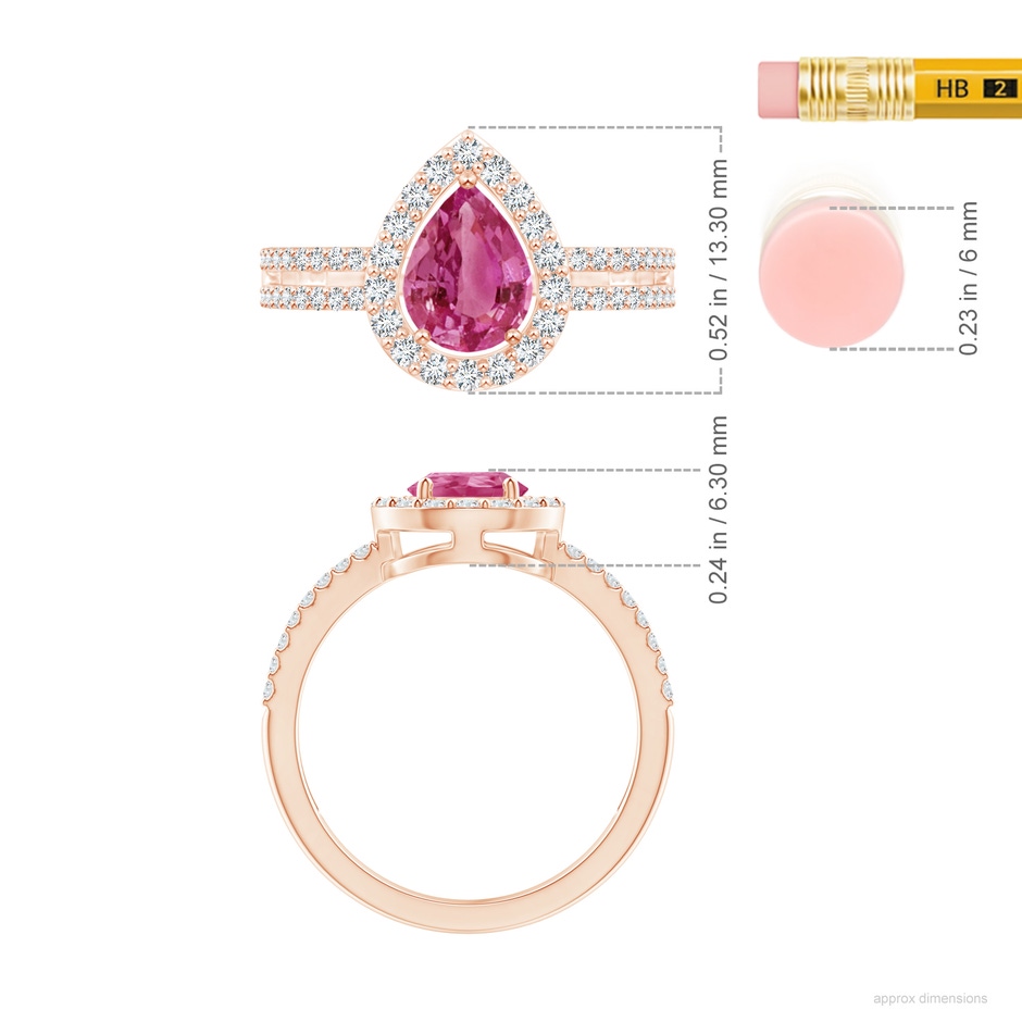 8x6mm AAAA Pear Pink Sapphire and Diamond Halo Split Shank Ring in 18K Rose Gold ruler