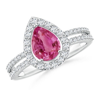 8x6mm AAAA Pear Pink Sapphire and Diamond Halo Split Shank Ring in P950 Platinum