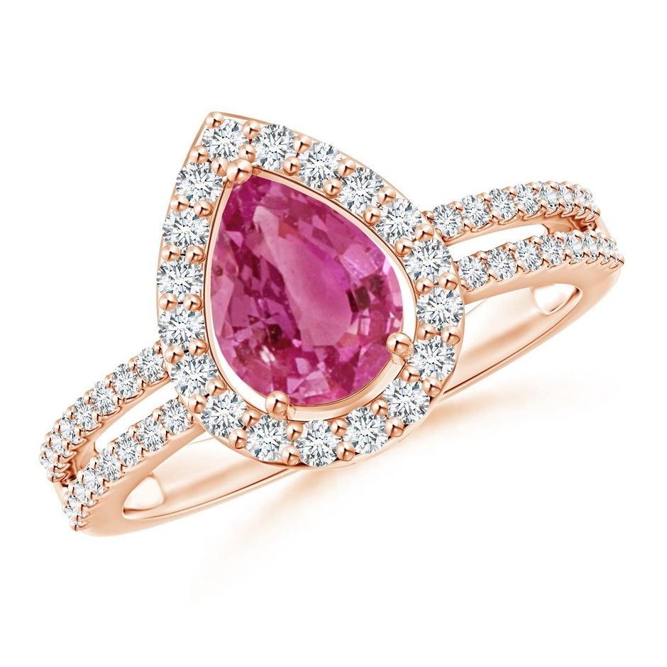 8x6mm AAAA Pear Pink Sapphire and Diamond Halo Split Shank Ring in Rose Gold 