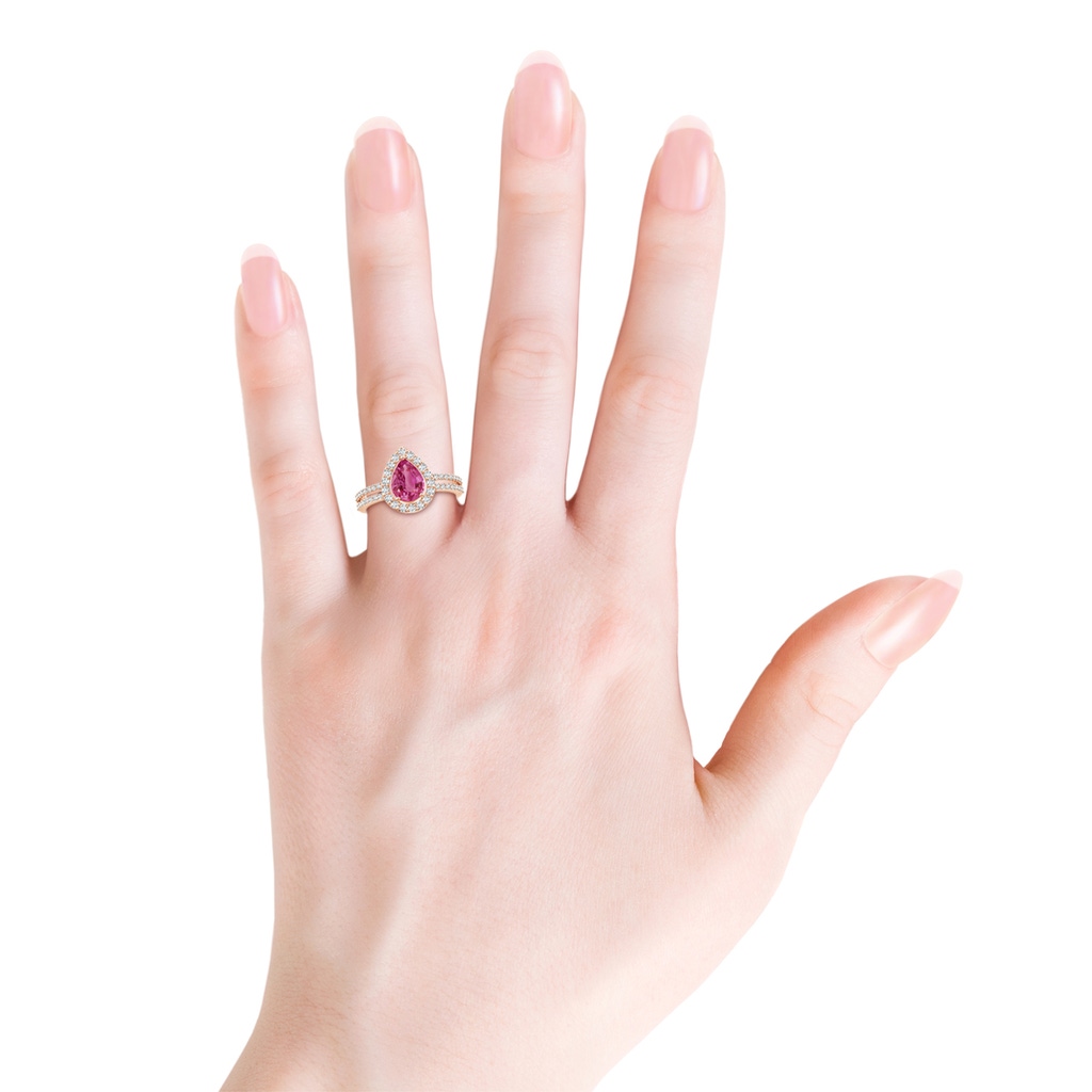 8x6mm AAAA Pear Pink Sapphire and Diamond Halo Split Shank Ring in Rose Gold Body-Hand