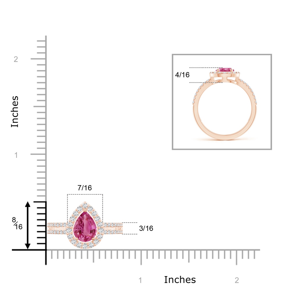 8x6mm AAAA Pear Pink Sapphire and Diamond Halo Split Shank Ring in Rose Gold Ruler