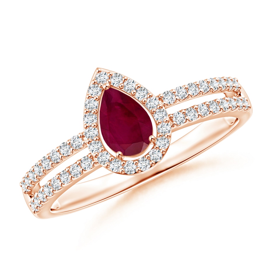 6x4mm A Pear Ruby and Diamond Halo Split Shank Ring in Rose Gold 