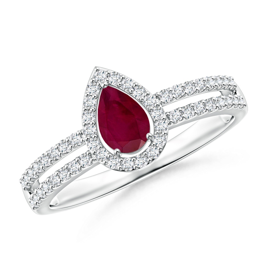 6x4mm A Pear Ruby and Diamond Halo Split Shank Ring in White Gold 