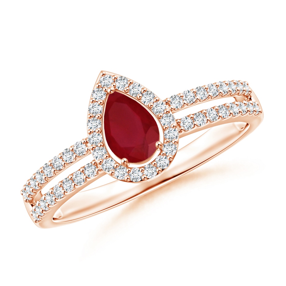 6x4mm AA Pear Ruby and Diamond Halo Split Shank Ring in Rose Gold 