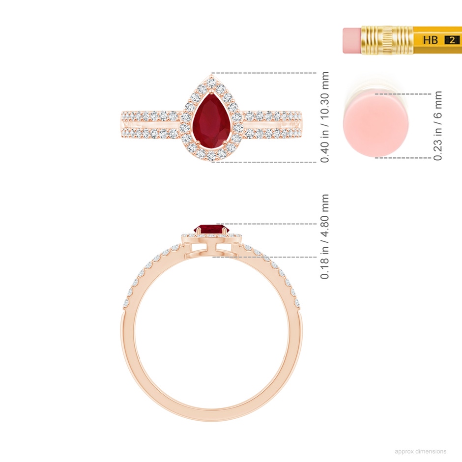 6x4mm AA Pear Ruby and Diamond Halo Split Shank Ring in Rose Gold ruler