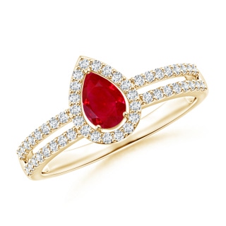 6x4mm AAA Pear Ruby and Diamond Halo Split Shank Ring in Yellow Gold