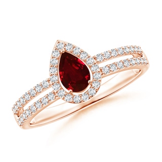 6x4mm AAAA Pear Ruby and Diamond Halo Split Shank Ring in 10K Rose Gold
