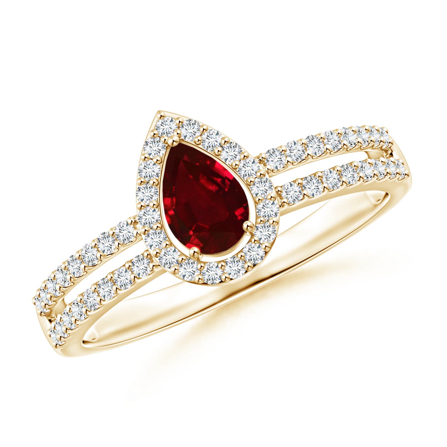 6x4mm AAAA Pear Ruby and Diamond Halo Split Shank Ring in 18K Yellow Gold